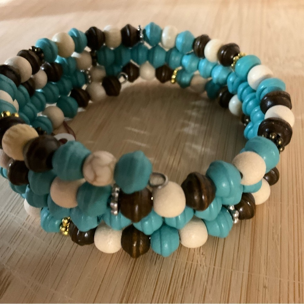Hand Crafted Turquoise and Brown Beaded Wrap Bracelet